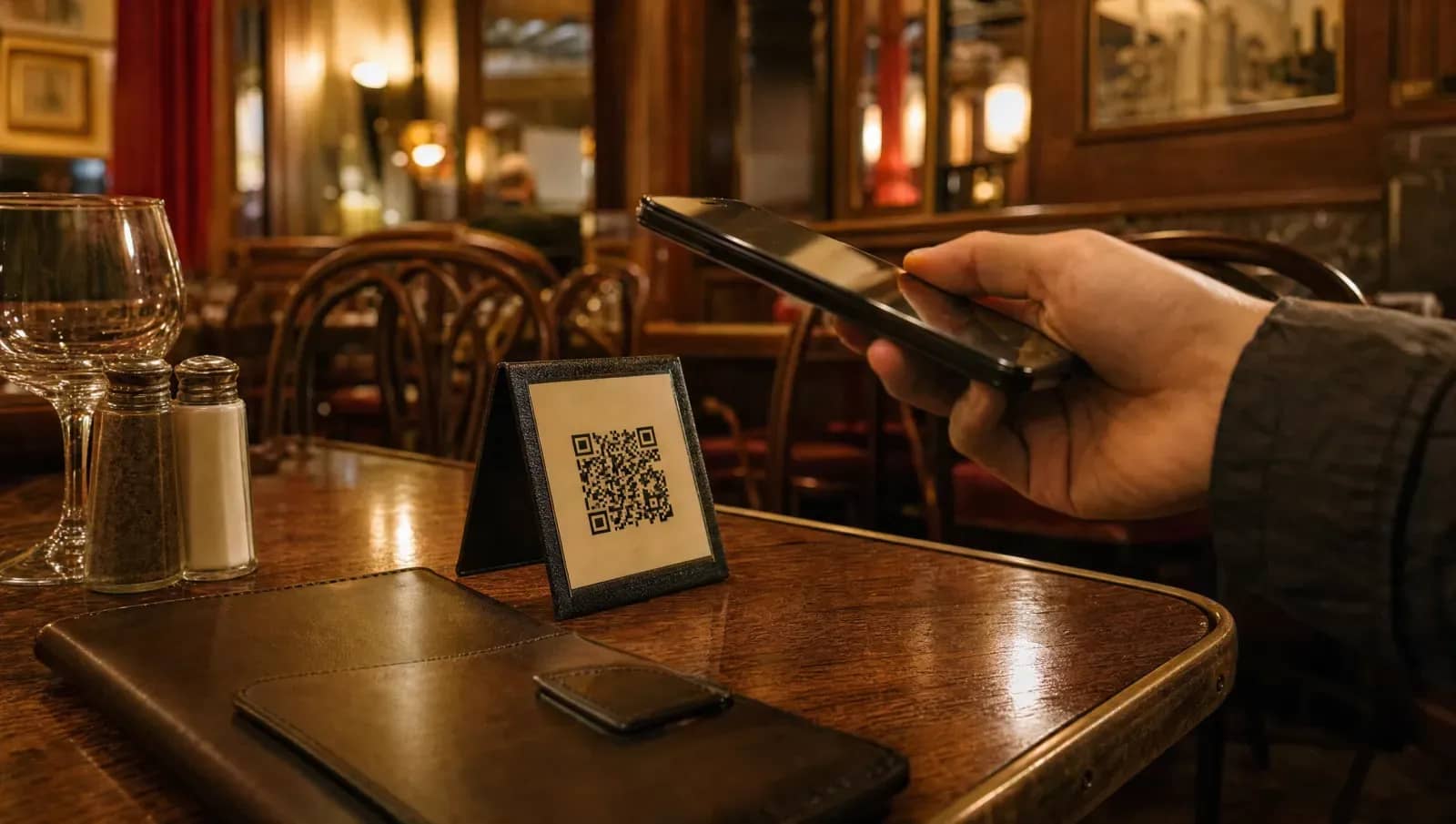 QR code sur une table de bistrot lyonnais permettant de laisser un avis, scanné par un client