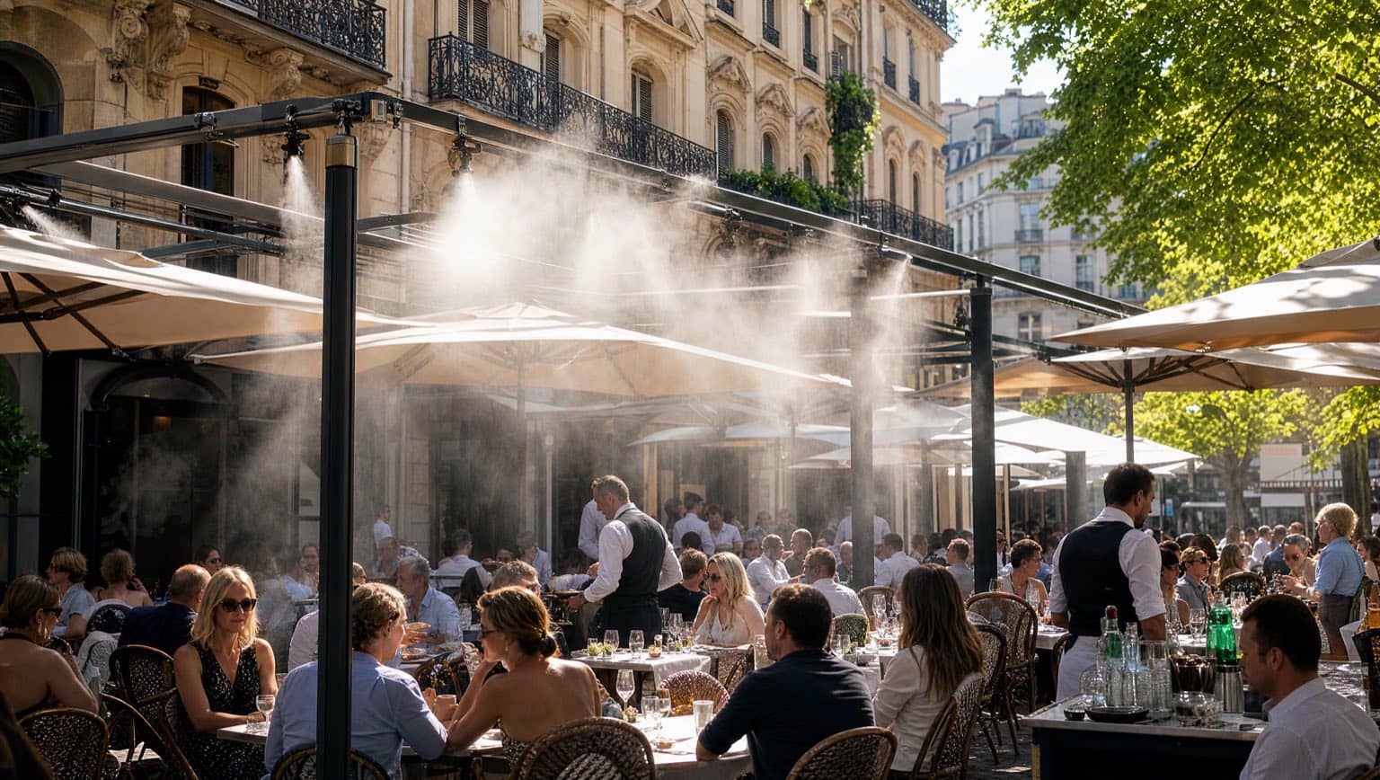 Terrasse de restaurant lyonnaise équipée de brumisateurs pendant la canicule