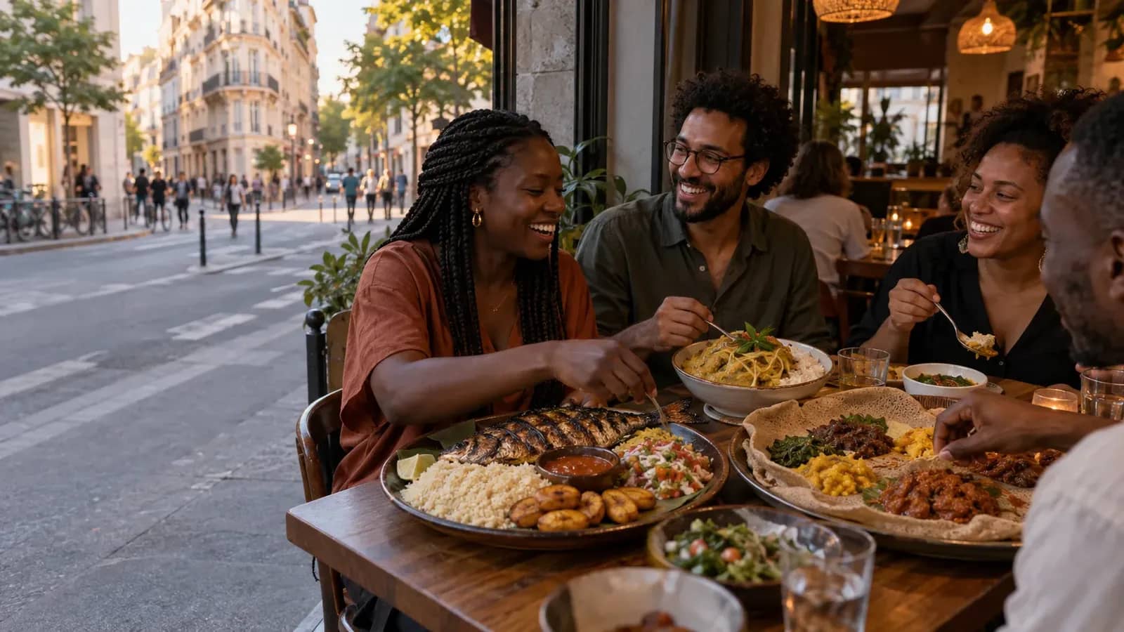 Des amis partagent des plats d’Afrique de l’Ouest et d’Éthiopie dans un restaurant de la Guillotière à Lyon