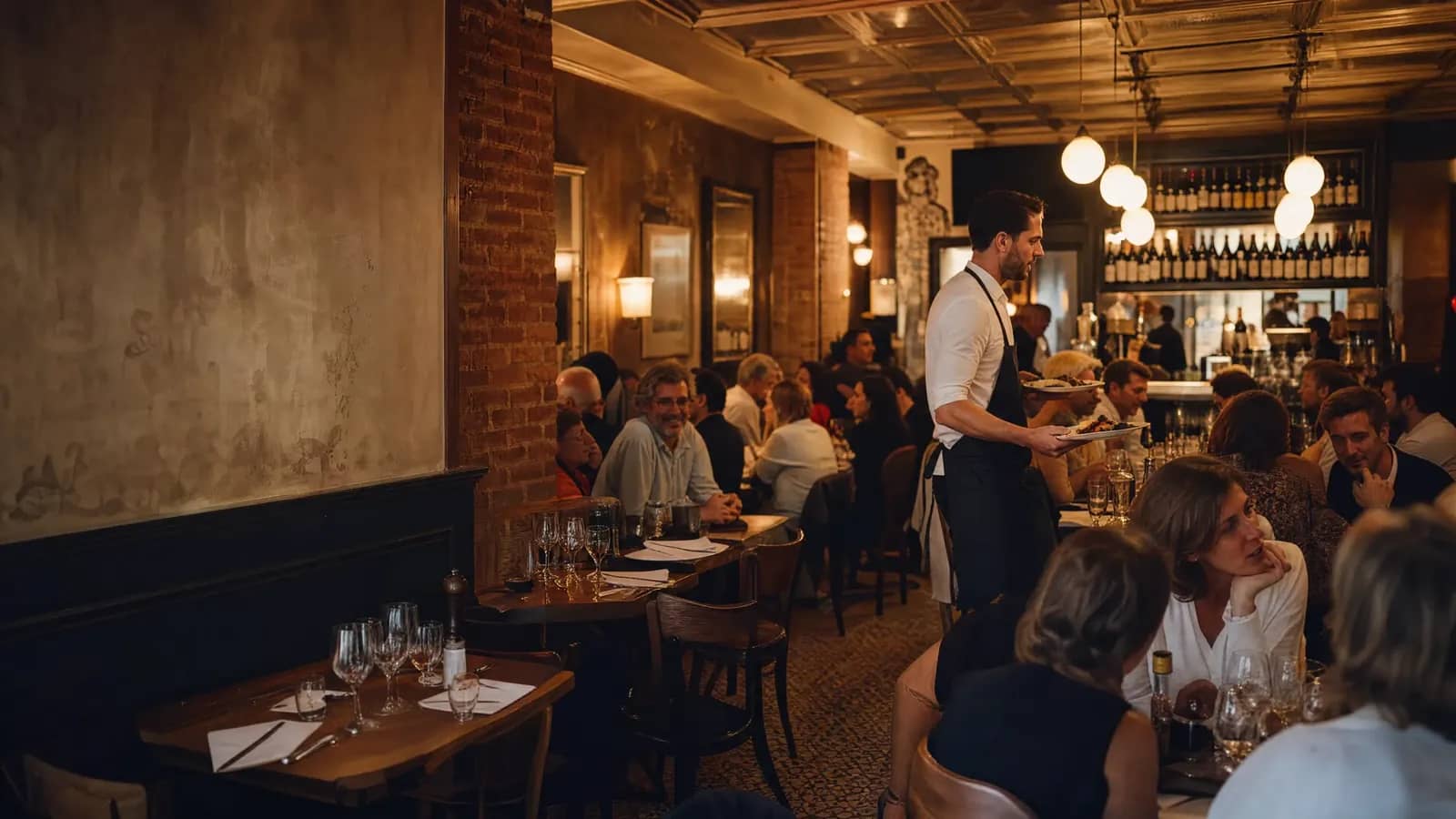 Salle d un bistrot lyonnais comble au service du soir, toutes les tables occupées