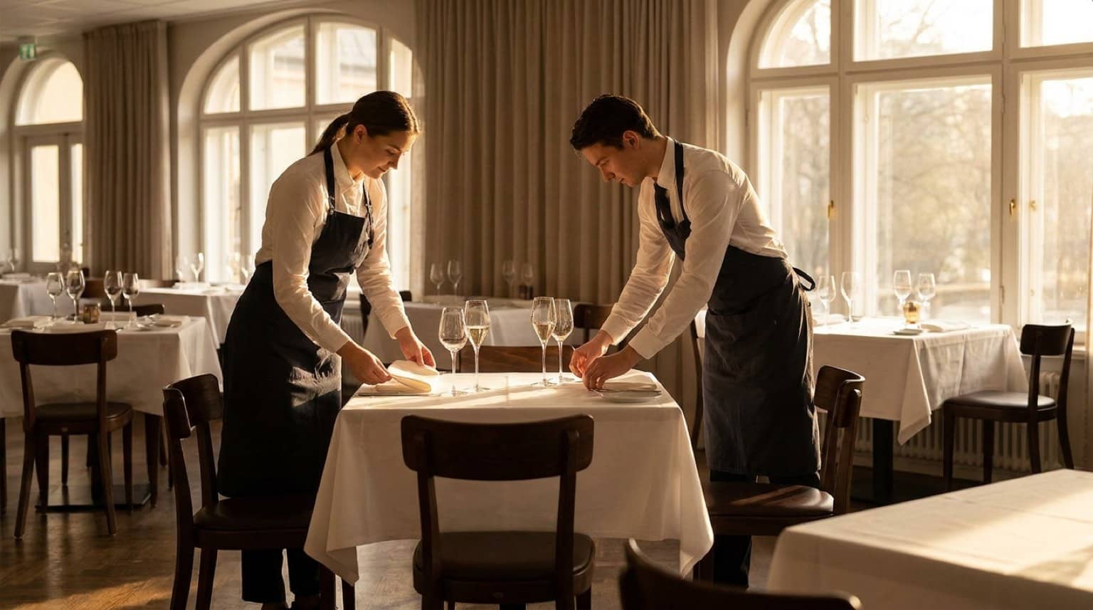 Le personnel dresse les tables avant le service