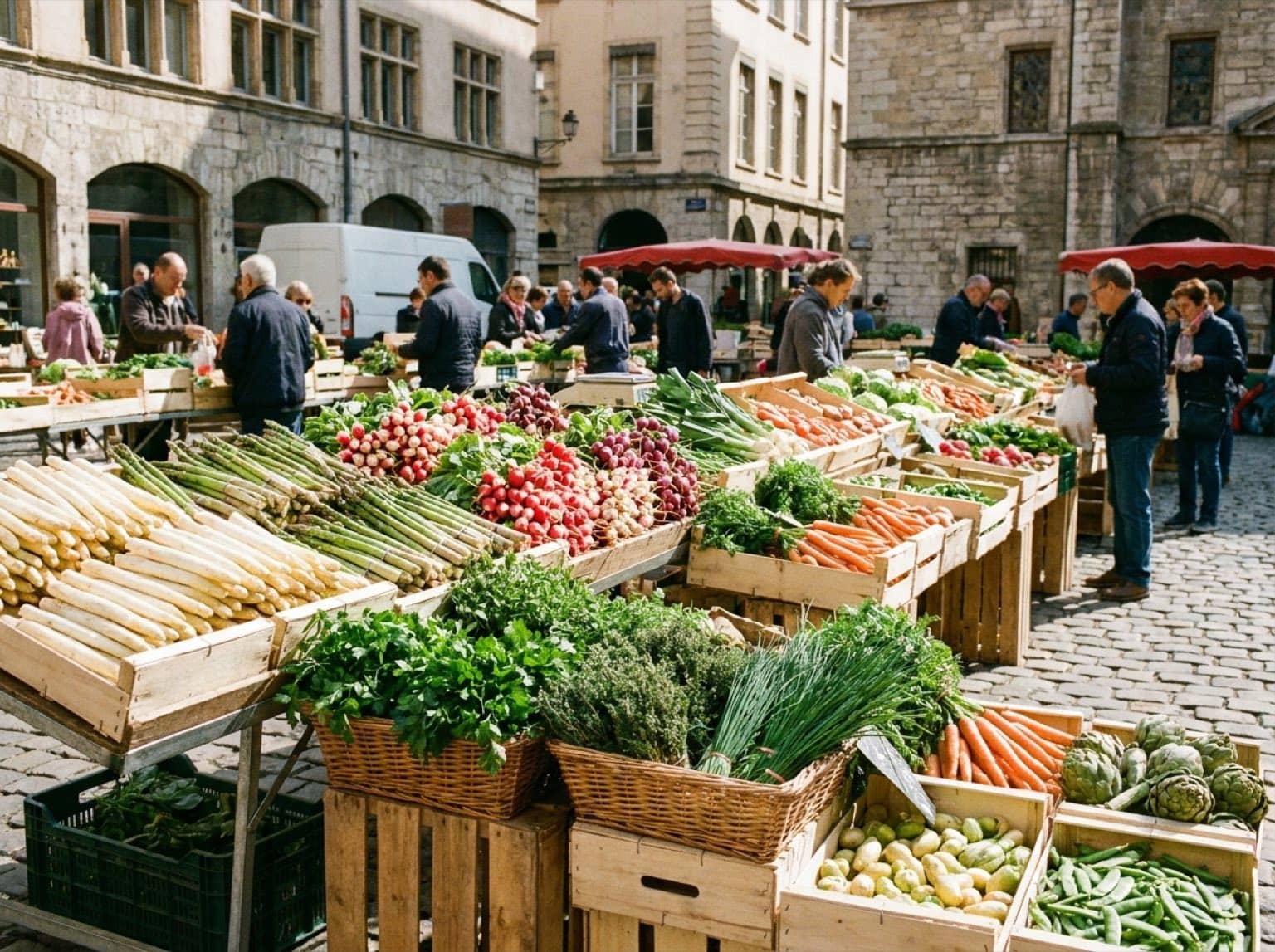 Étal de primeurs au marché lyonnais au printemps : asperges, radis et herbes