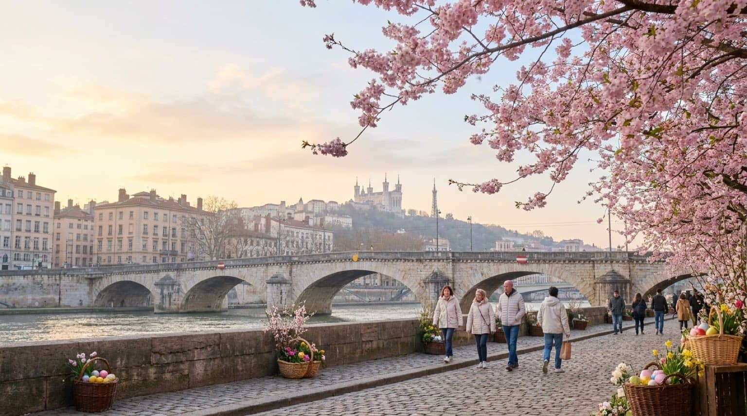 Lyon au printemps, la Presqu'île et Fourvière sous une lumière pastel à l'approche de Pâques