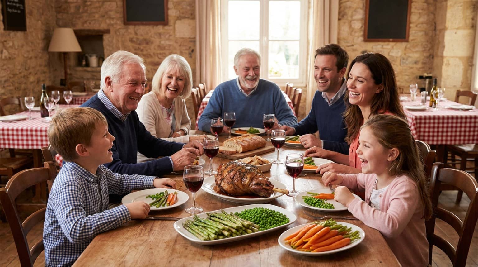 Déjeuner de Pâques en famille autour d'un gigot d'agneau dans un restaurant chaleureux