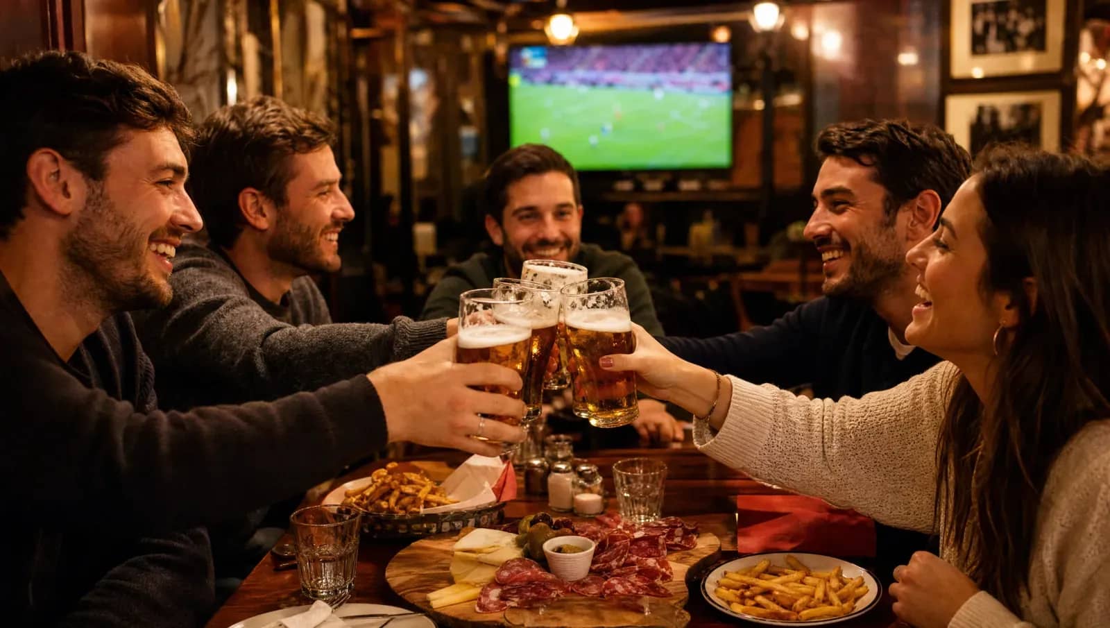 Amis qui trinquent avec des bières dans une brasserie lyonnaise devant un match de football, planche de charcuterie et frites sur la table.