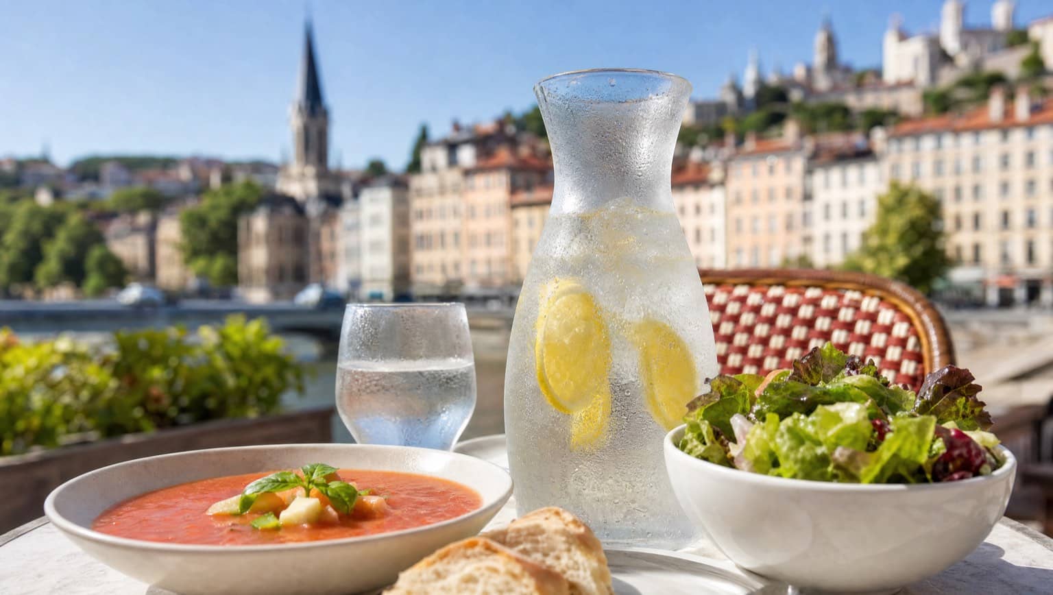 Carafe d'eau fraîche et plats froids sur une terrasse face aux quais de Saône à Lyon