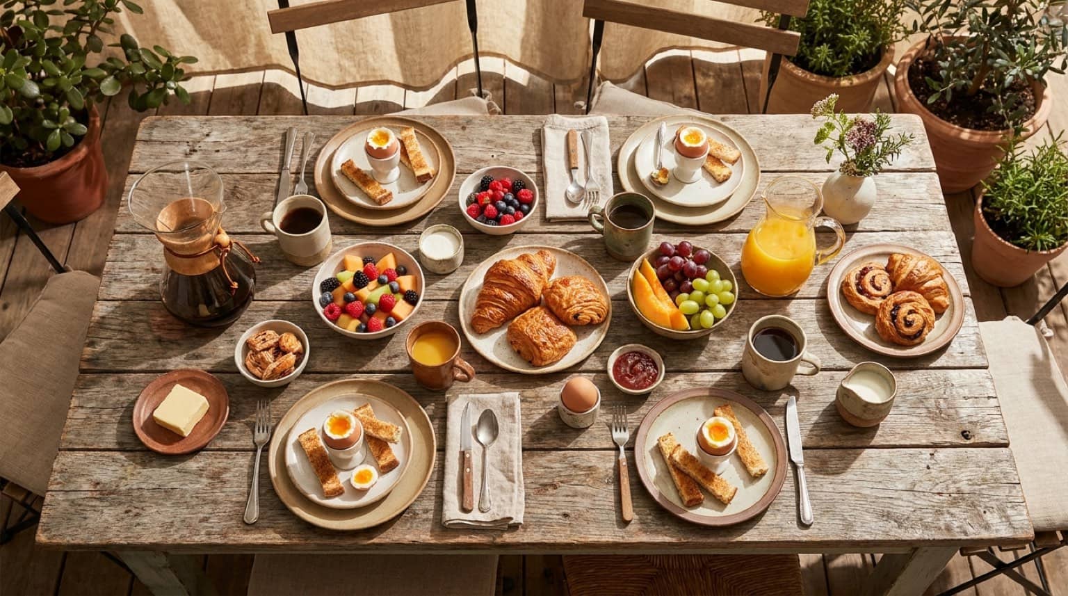 Brunch généreux du dimanche : œufs, viennoiseries, fruits et café sur une table en bois