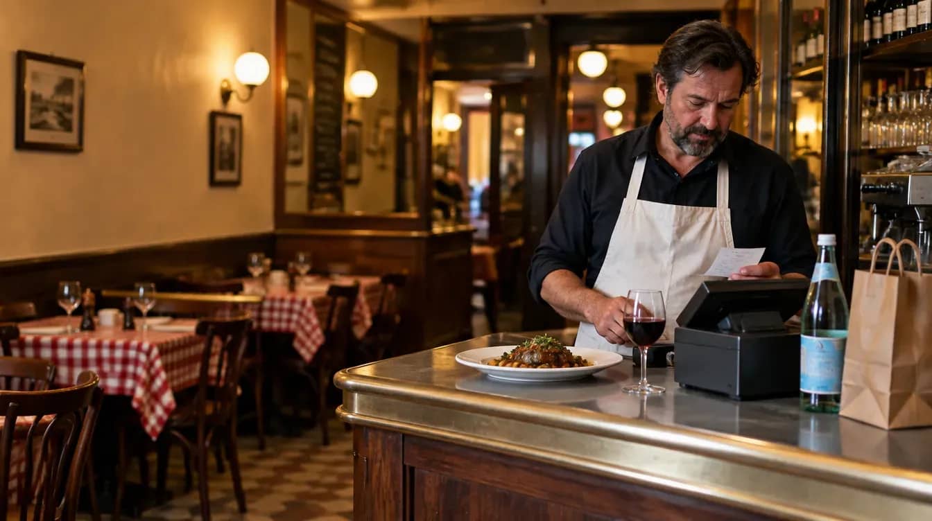 Restaurateur vérifiant un ticket de caisse au comptoir en zinc d'un bouchon lyonnais, avec un plat, un verre de vin et un sac à emporter