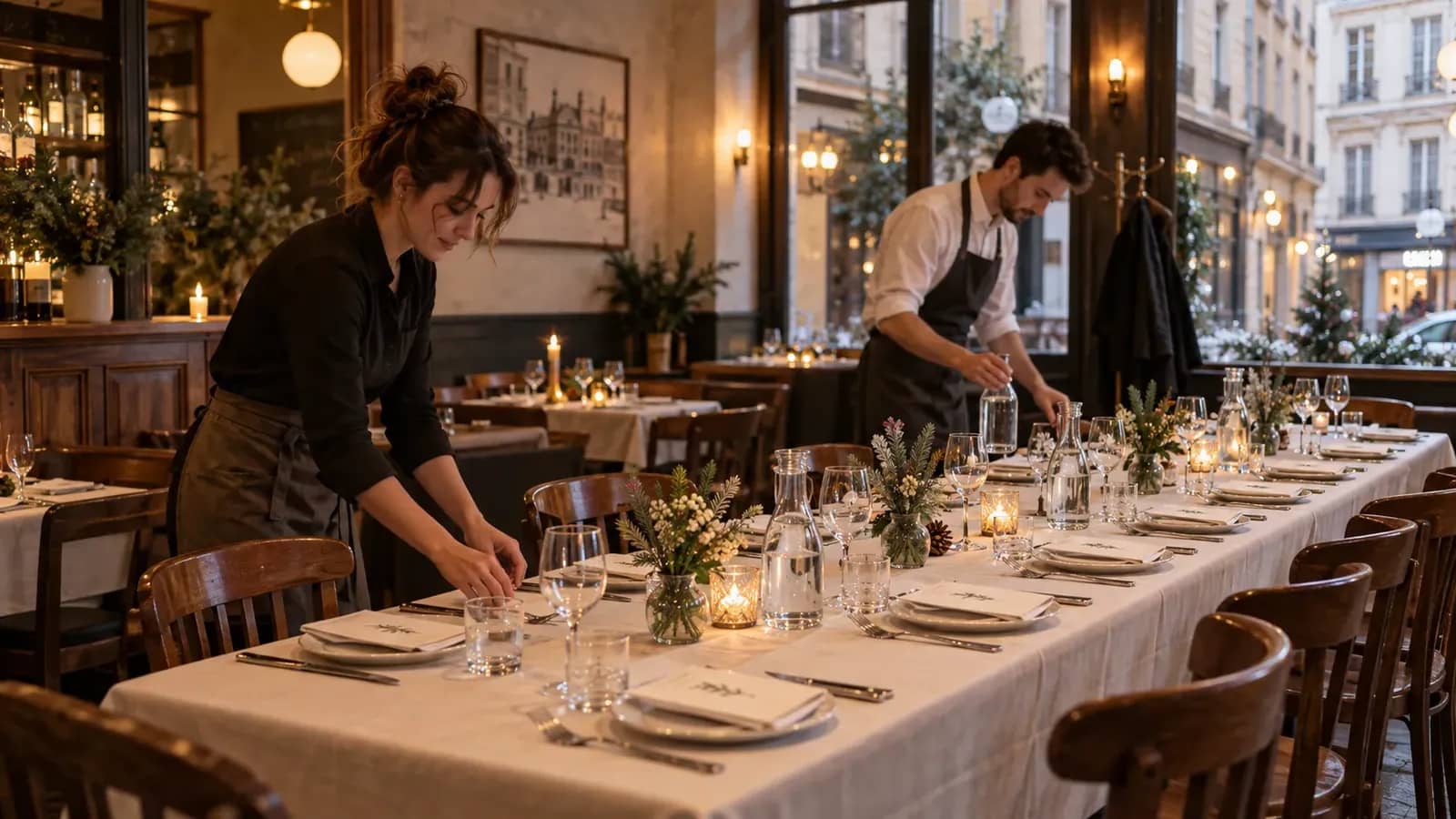 Équipe préparant une grande table pour un repas de fin d’année à Lyon
