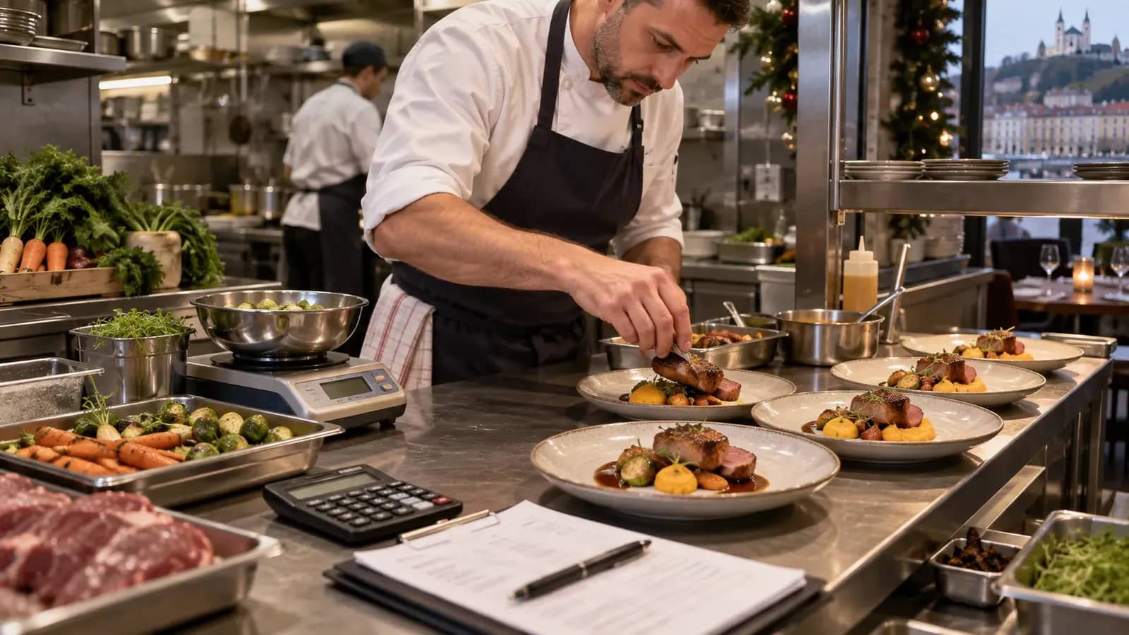 Chef portionnant un menu de fêtes et contrôlant son coût matière