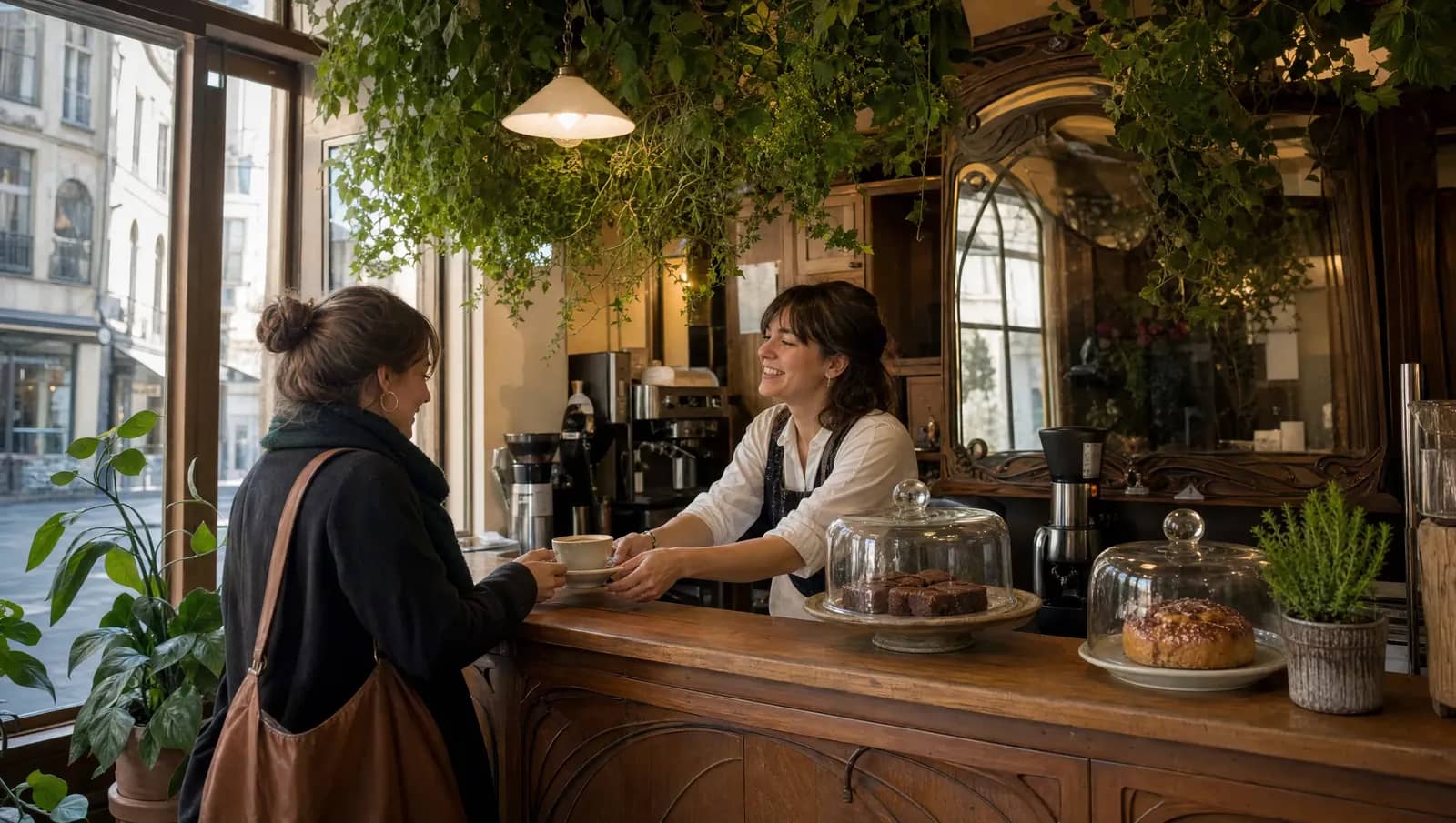 Petit café botanique lyonnais : plantes suspendues, comptoir en bois Art nouveau et pâtisseries maison sous cloche