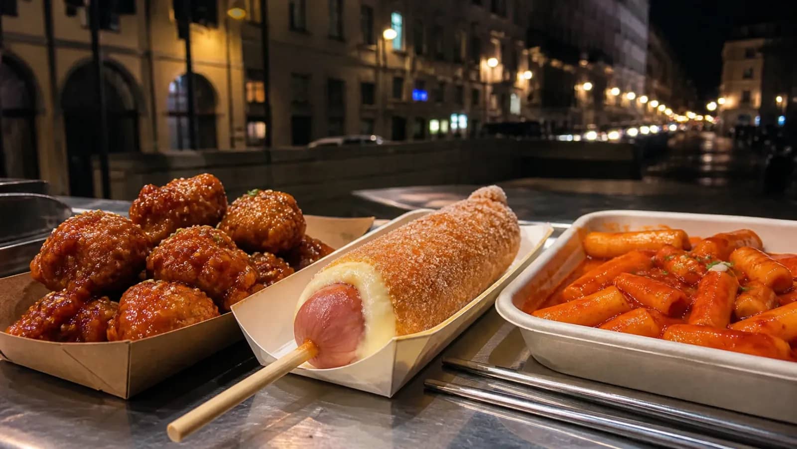 Poulet frit coréen, corn dog et tteokbokki servis dans une rue de Lyon le soir