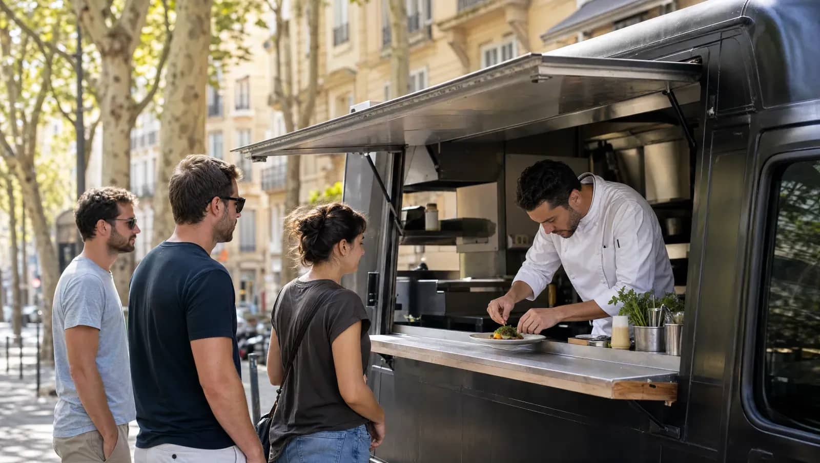 Chef en veste blanche dressant une assiette au passe d un food truck en ville