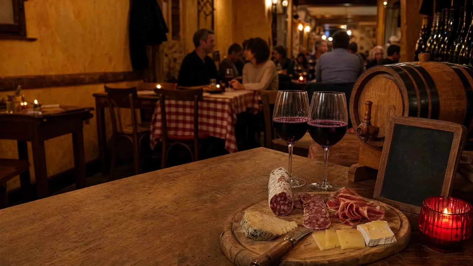 Table d'un bouchon lyonnais dressée pour une soirée Beaujolais Nouveau : deux verres de vin rouge, planche de charcuterie et petit tonneau