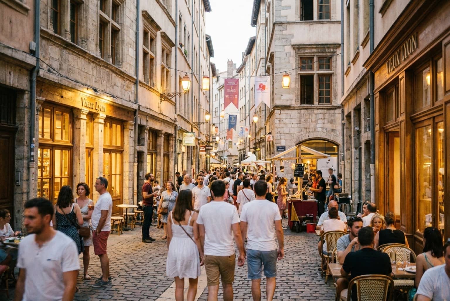 Rue pavée animée du Vieux Lyon en soirée, façades Renaissance éclairées