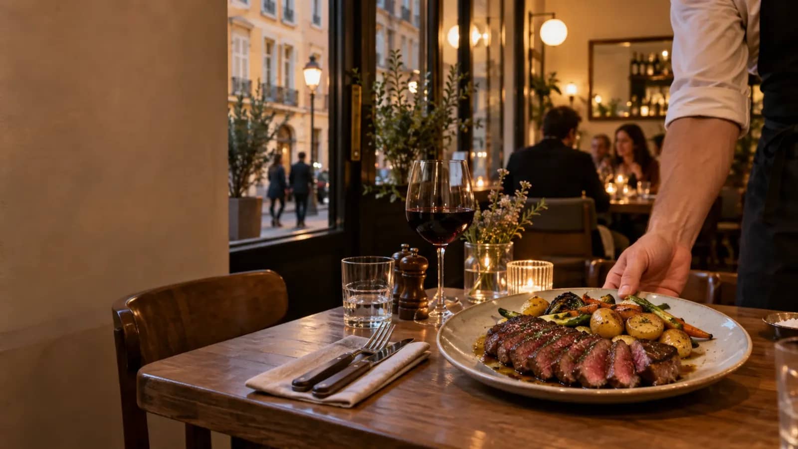 Pièce de bœuf grillée servie dans un bistrot lyonnais