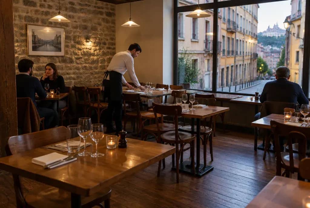 Salle de bistrot à la Croix-Rousse un soir de semaine, avec plusieurs tables encore libres