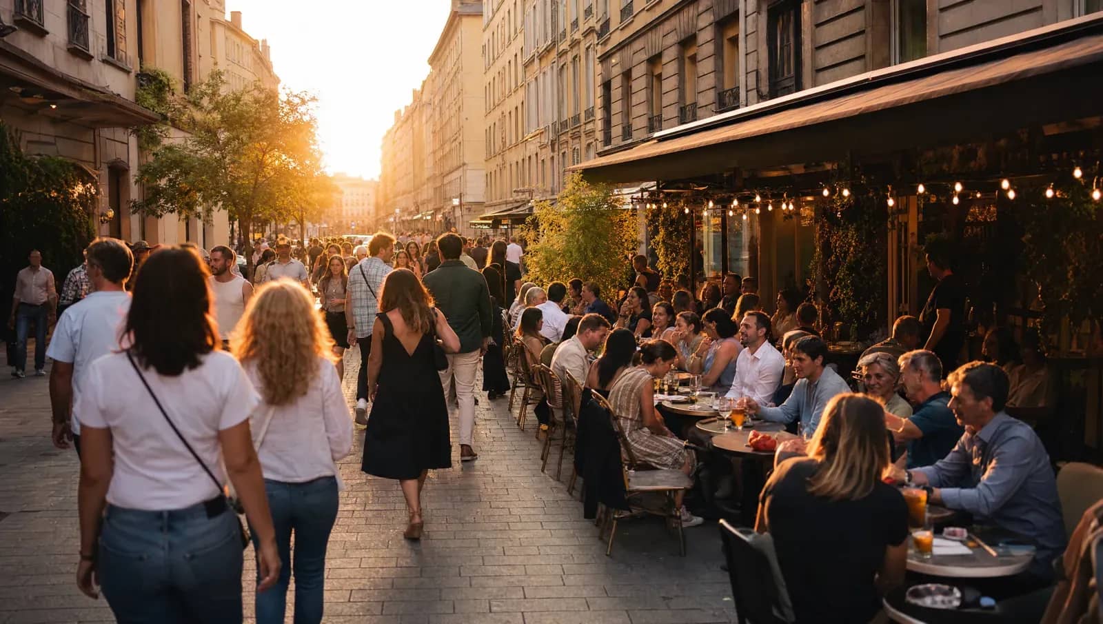 Foule d'un événement déambulant le long des terrasses de restaurants animées d'une rue lyonnaise au coucher du soleil.