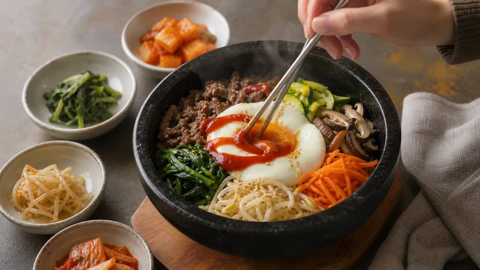 Bibimbap chaud au bœuf, légumes et œuf mélangé avec du gochujang