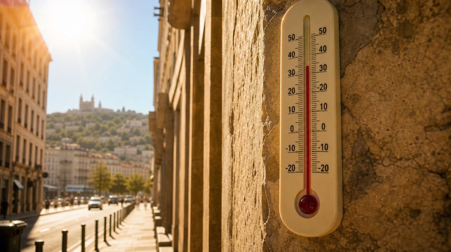Thermomètre extérieur en plein soleil à Lyon affichant une température élevée