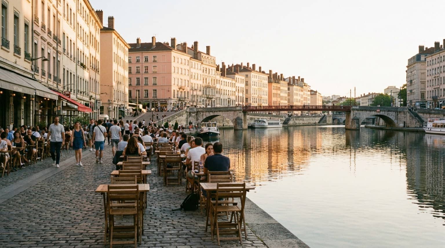 Quais de Saône à Lyon à l'heure dorée avec une terrasse de café