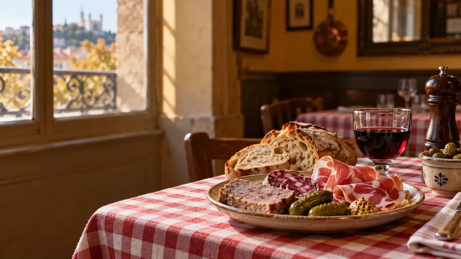 Illustration originale d’un mâchon lyonnais, charcuterie et pain sur une table de bouchon