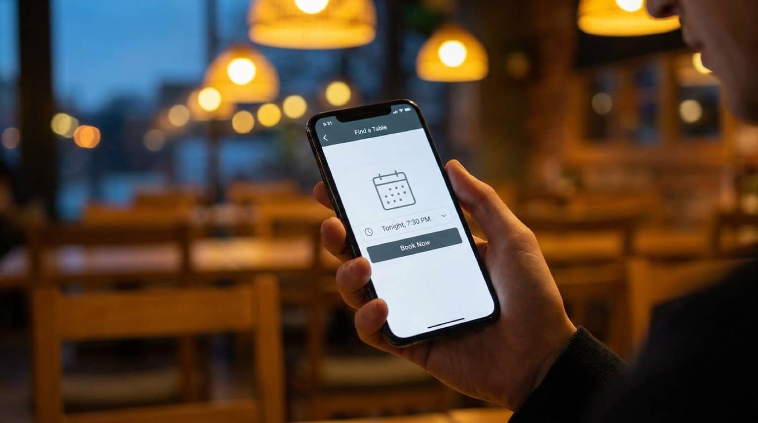 Smartphone affichant une réservation de restaurant dans une ambiance chaleureuse du soir