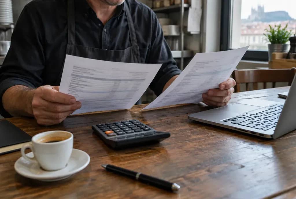 Restaurateur comparant deux devis de logiciels avec une calculatrice et un café sur une table en bois