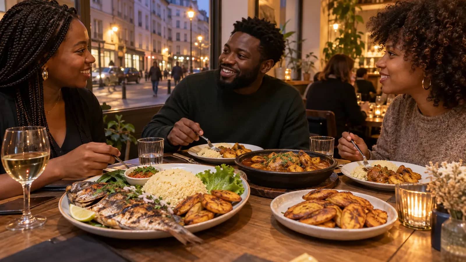 Un dîner convivial autour de poisson braisé, attiéké et poulet aux bananes plantains à Lyon