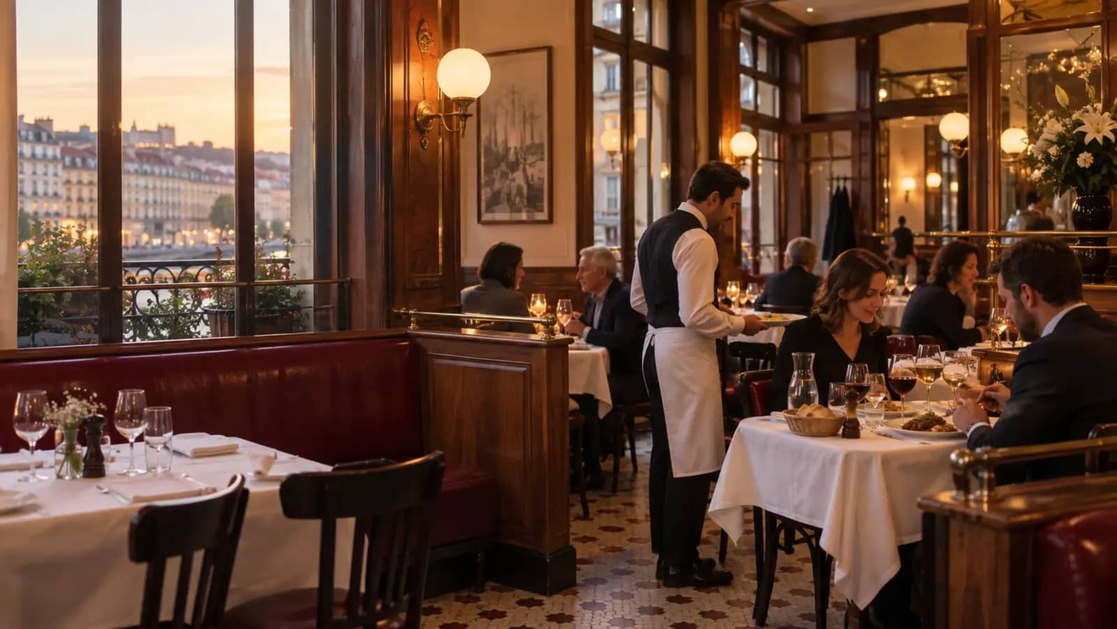 Salle chaleureuse d’une brasserie lyonnaise au début du service du soir