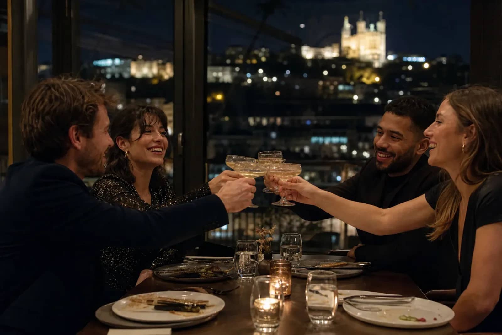 Amis trinquant lors d’un réveillon de la Saint-Sylvestre à Lyon