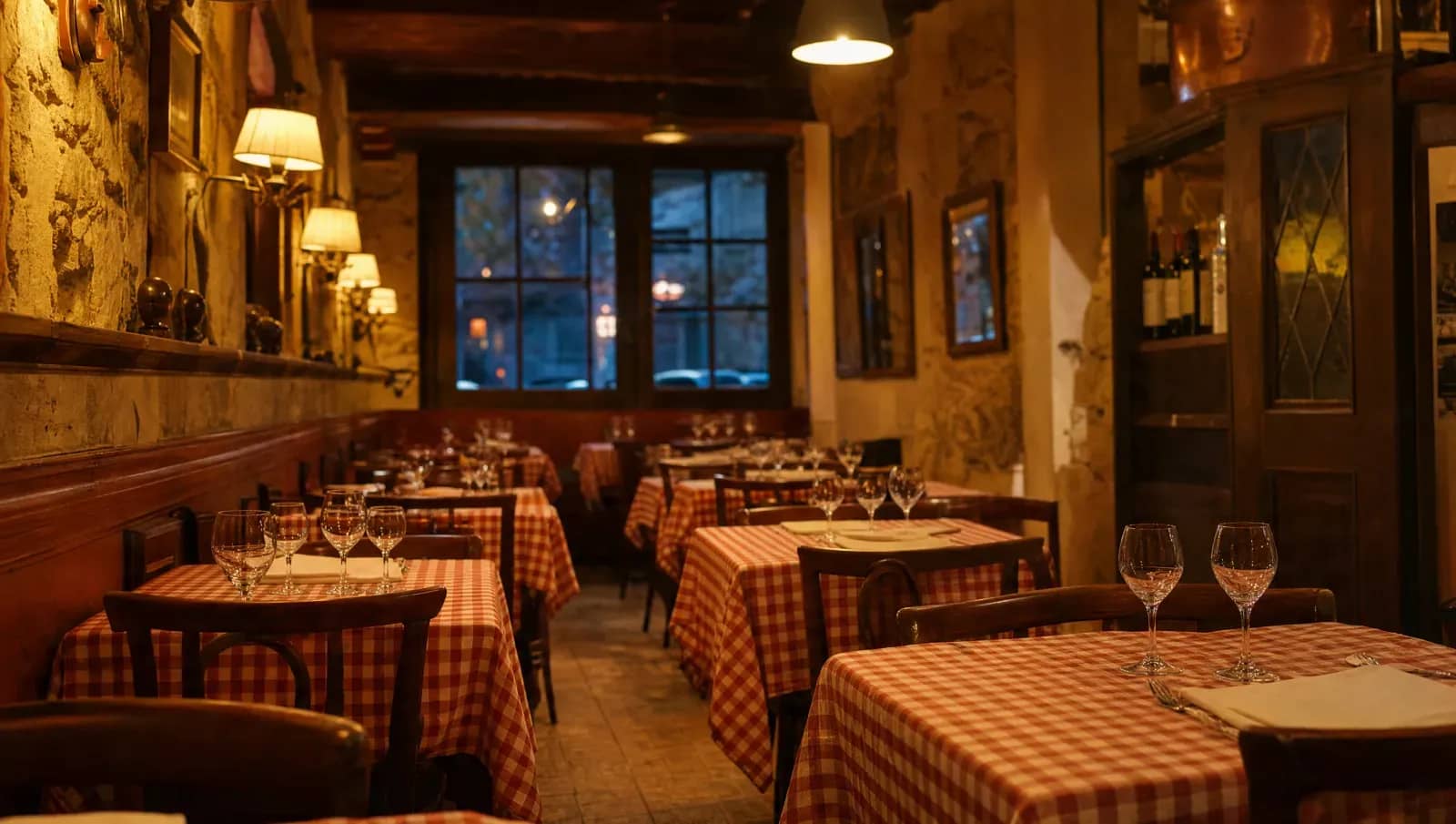 Salle d'un bouchon lyonnais aux tables dressées mais vides, illustrant les couverts à remplir le soir.