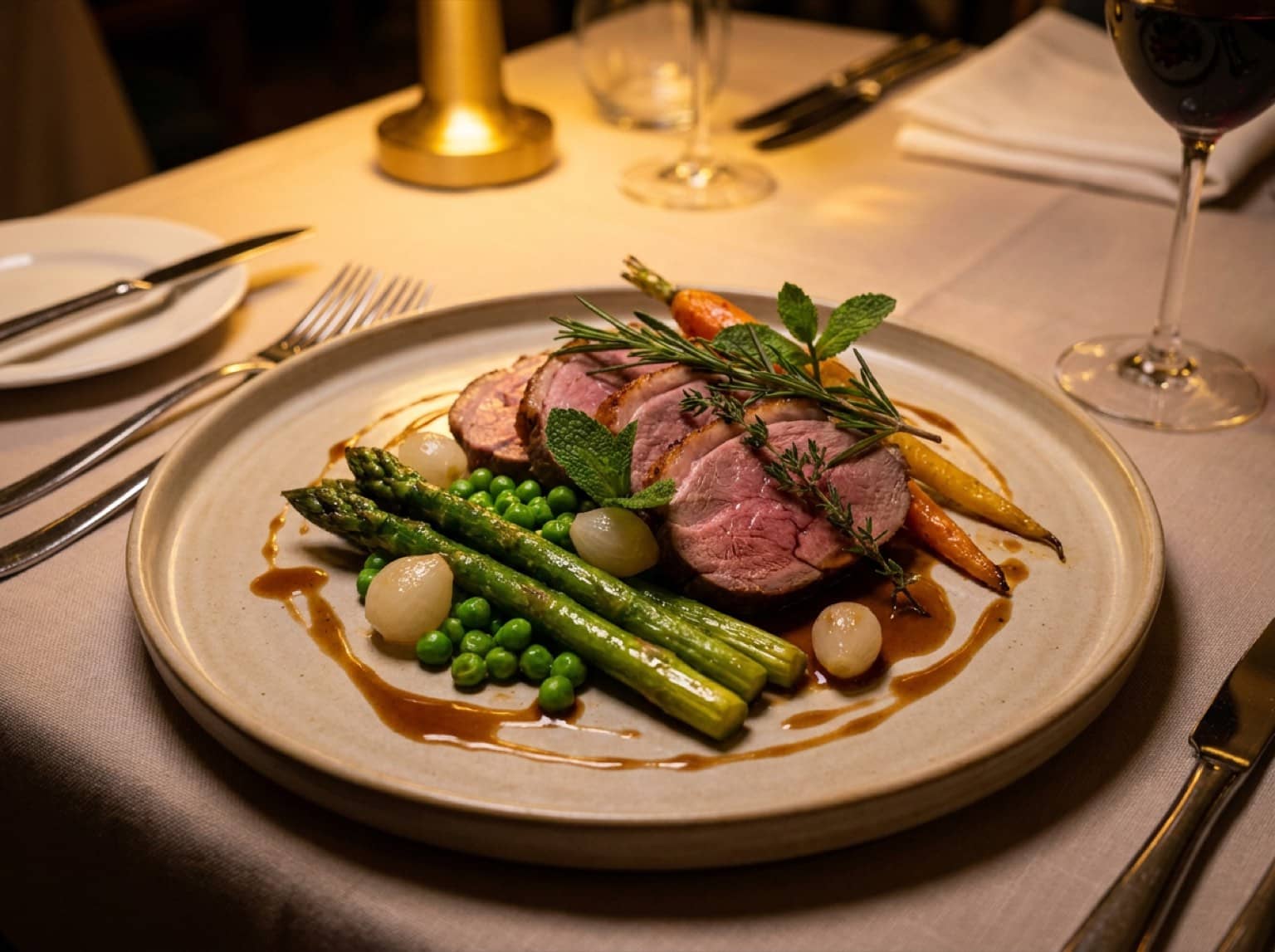 Gigot d'agneau rôti dressé avec des légumes de printemps