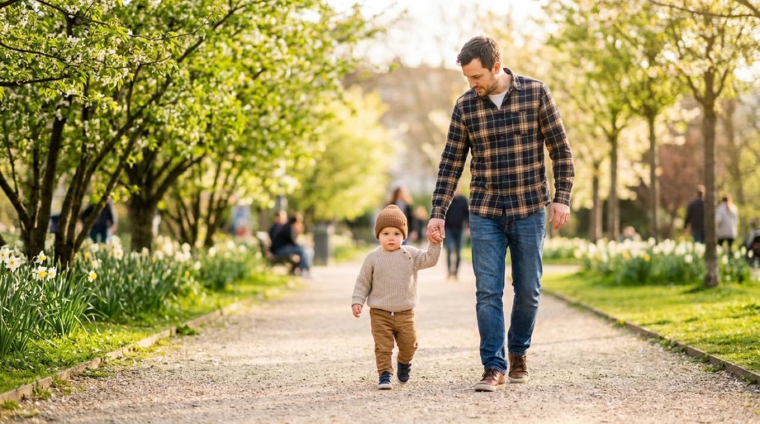 Un père et son enfant marchent main dans la main dans un parc lyonnais