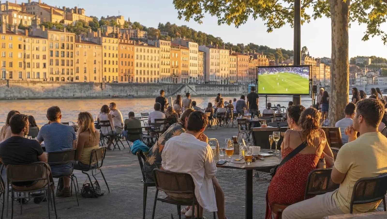 Terrasse au bord de l'eau à Lyon au coucher du soleil, groupes d'amis regardant un match de la Coupe du Monde sur écran extérieur, façades lyonnaises en fond