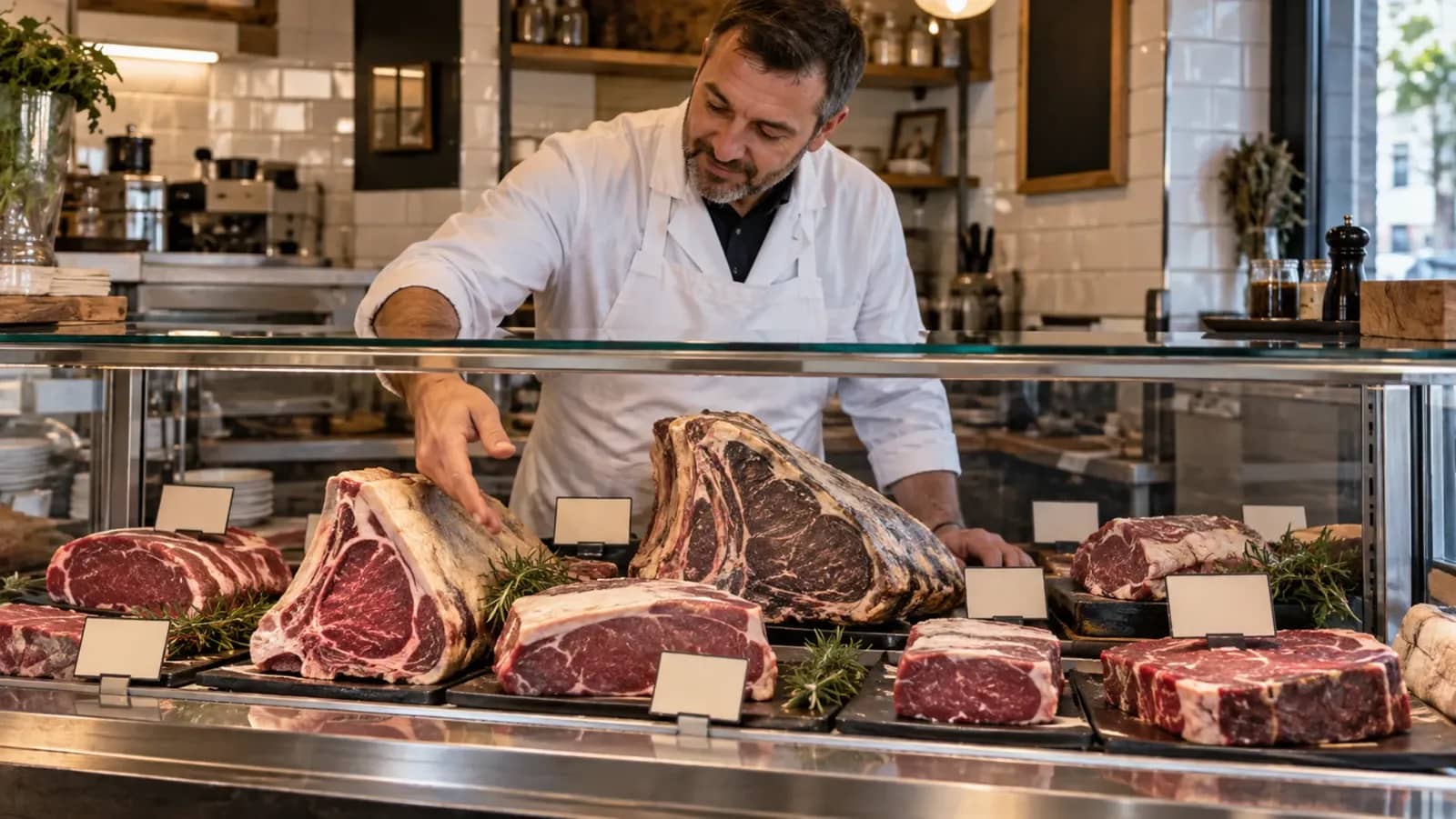 Boucher présentant différentes pièces de bœuf dans une vitrine