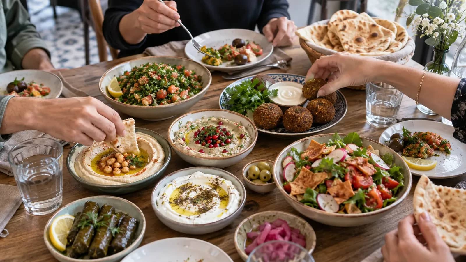 Assortiment de mezzés libanais partagé autour d’une table à Lyon