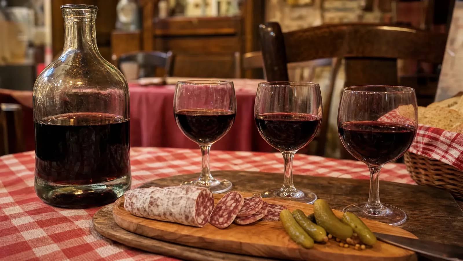 Verres de Beaujolais Nouveau, saucisson et cornichons sur la nappe vichy d'un bouchon lyonnais