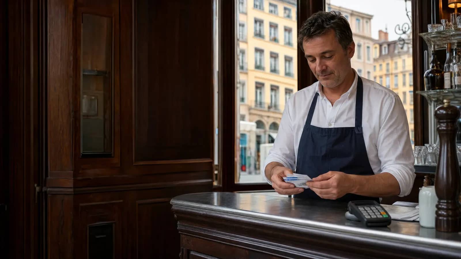 Restaurateur lyonnais derrière le comptoir en zinc d'un bouchon, vérifiant des titres-restaurant papier près d'un terminal de paiement, façades de la Presqu'île par la fenêtre.