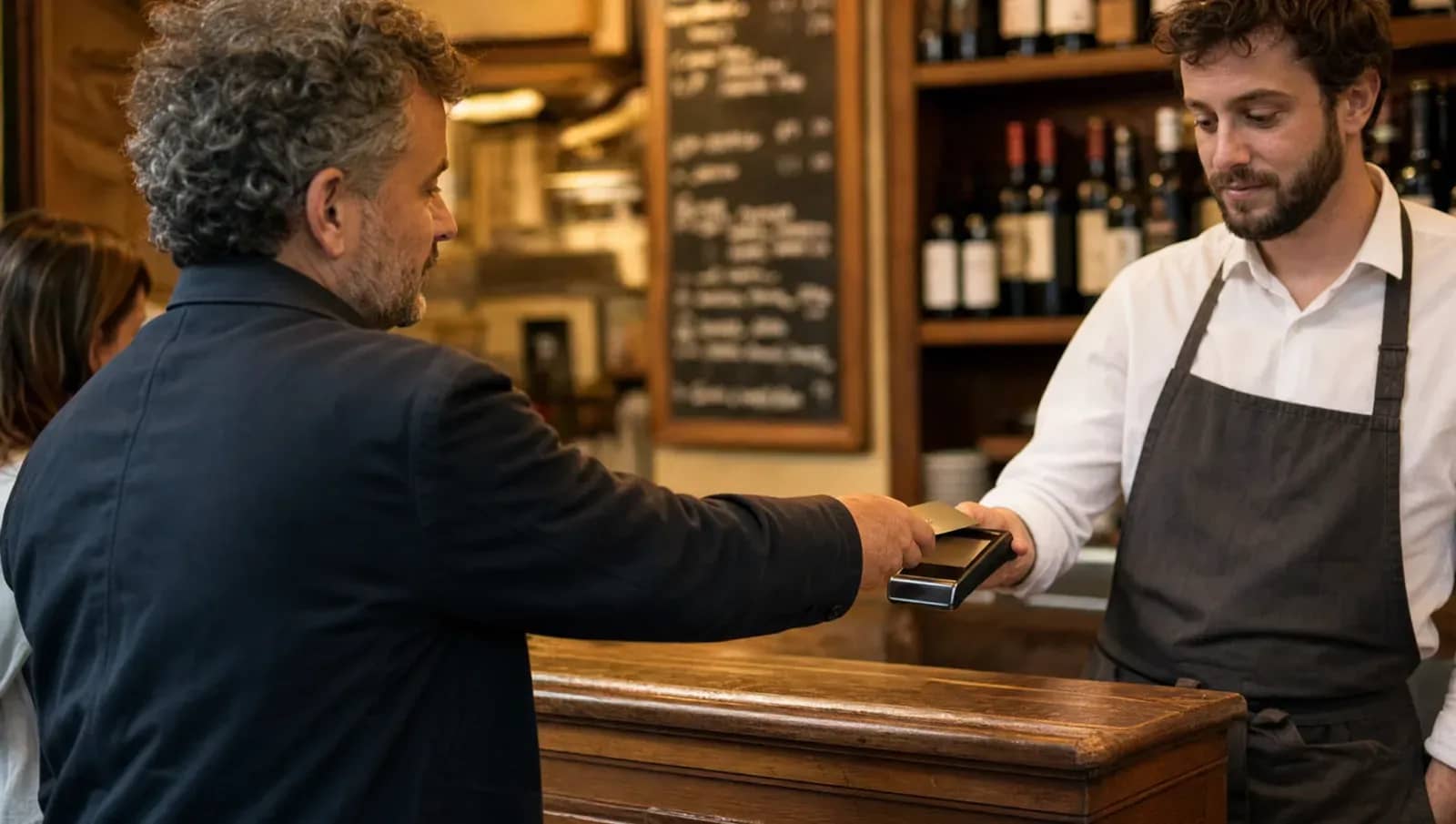 Client réglant au comptoir d'un bistrot lyonnais en tendant sa carte vers un terminal de paiement tenu par un serveur, ardoise et bouteilles en fond.