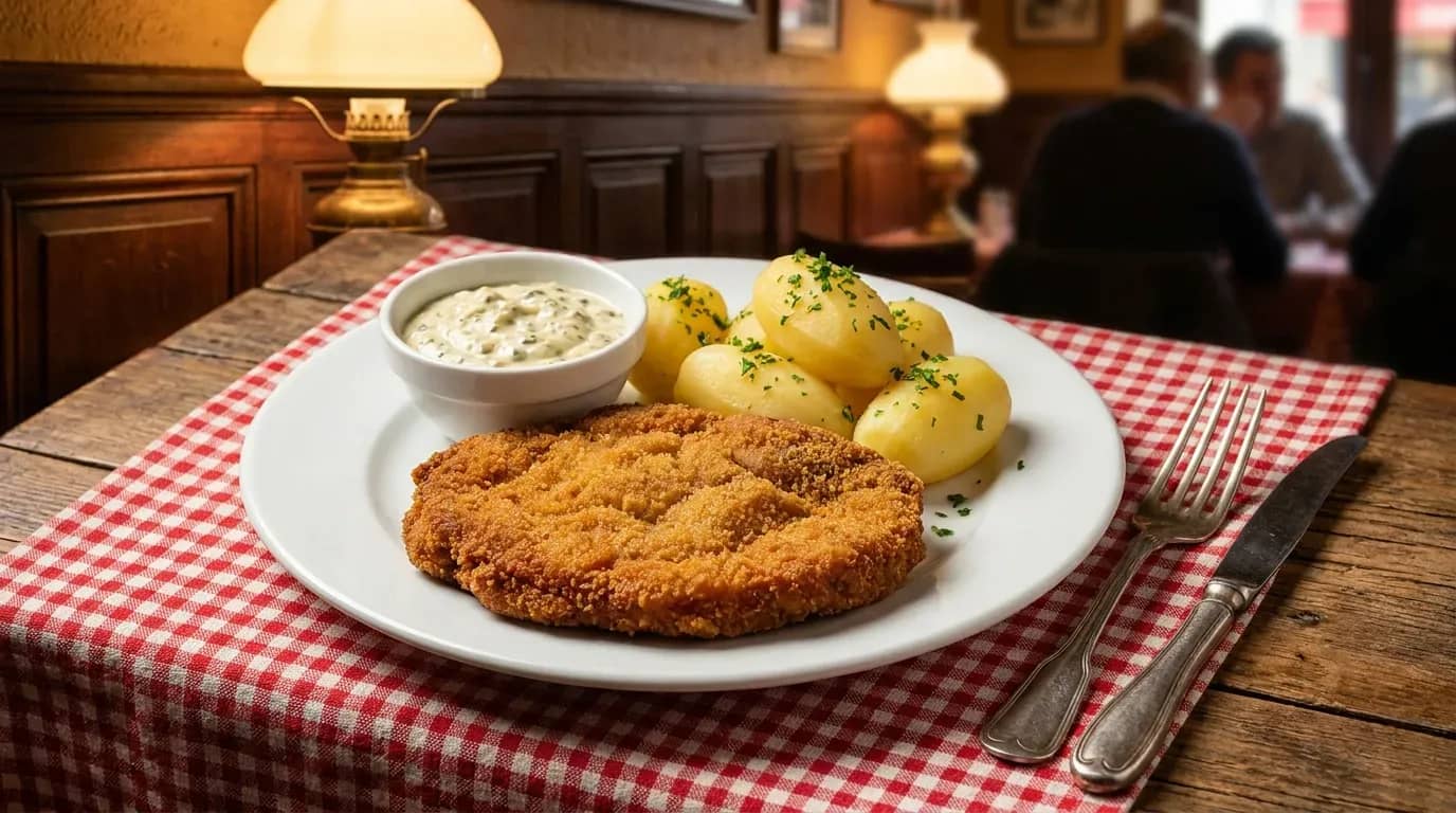 Tablier de sapeur doré accompagné de sauce gribiche et pommes vapeur, plat traditionnel des bouchons lyonnais