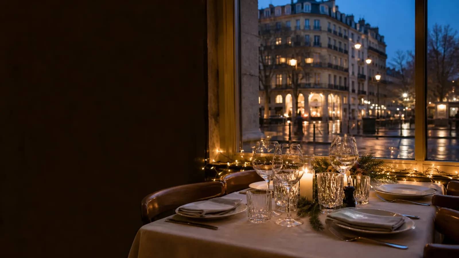 Table de réveillon dressée dans un restaurant lyonnais un soir d’hiver