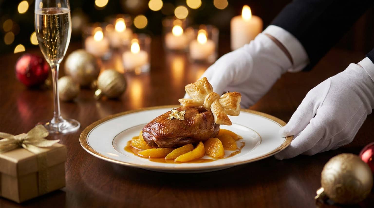 Assiette gastronomique présentée comme un cadeau sur une table de restaurant aux chandelles