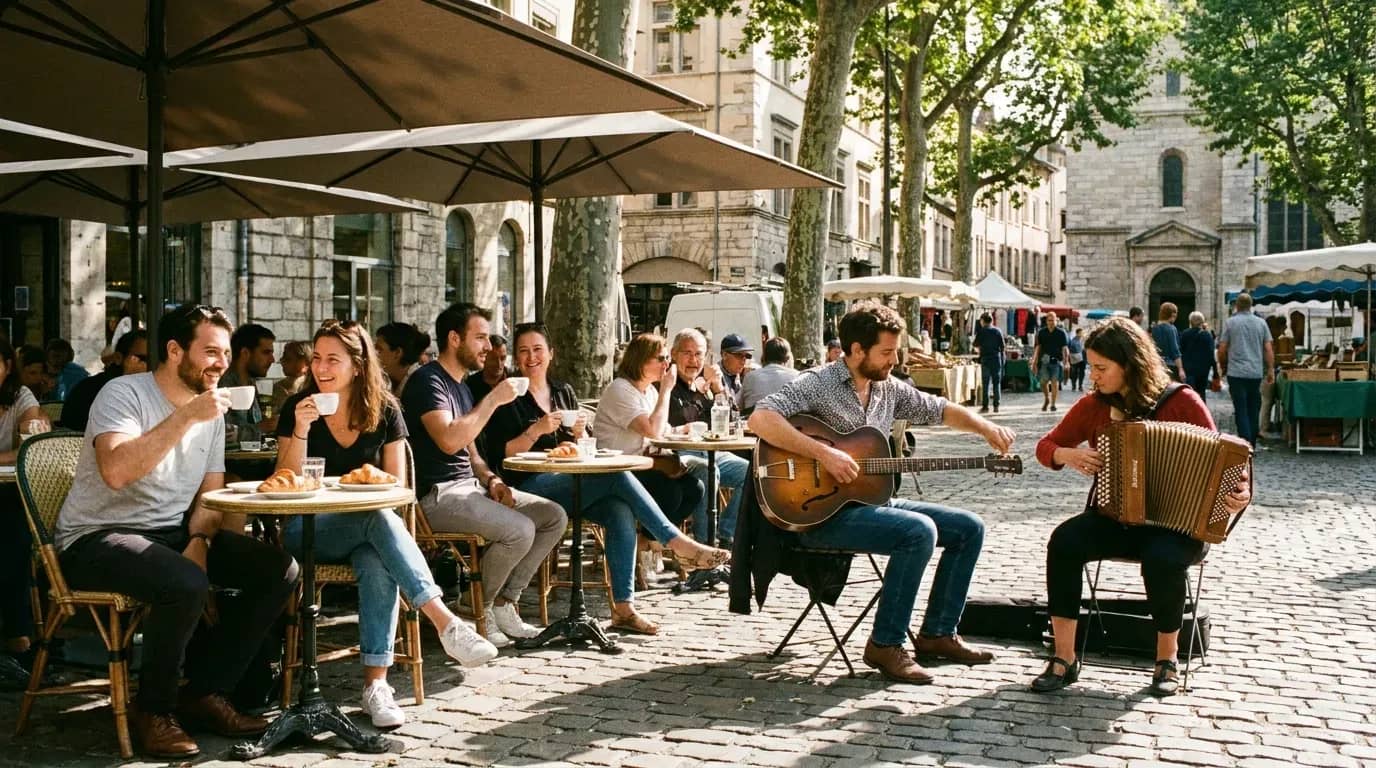 Terrasse de café lyonnaise un matin d'été, musiciens accordant guitare et accordéon devant les clients attablés