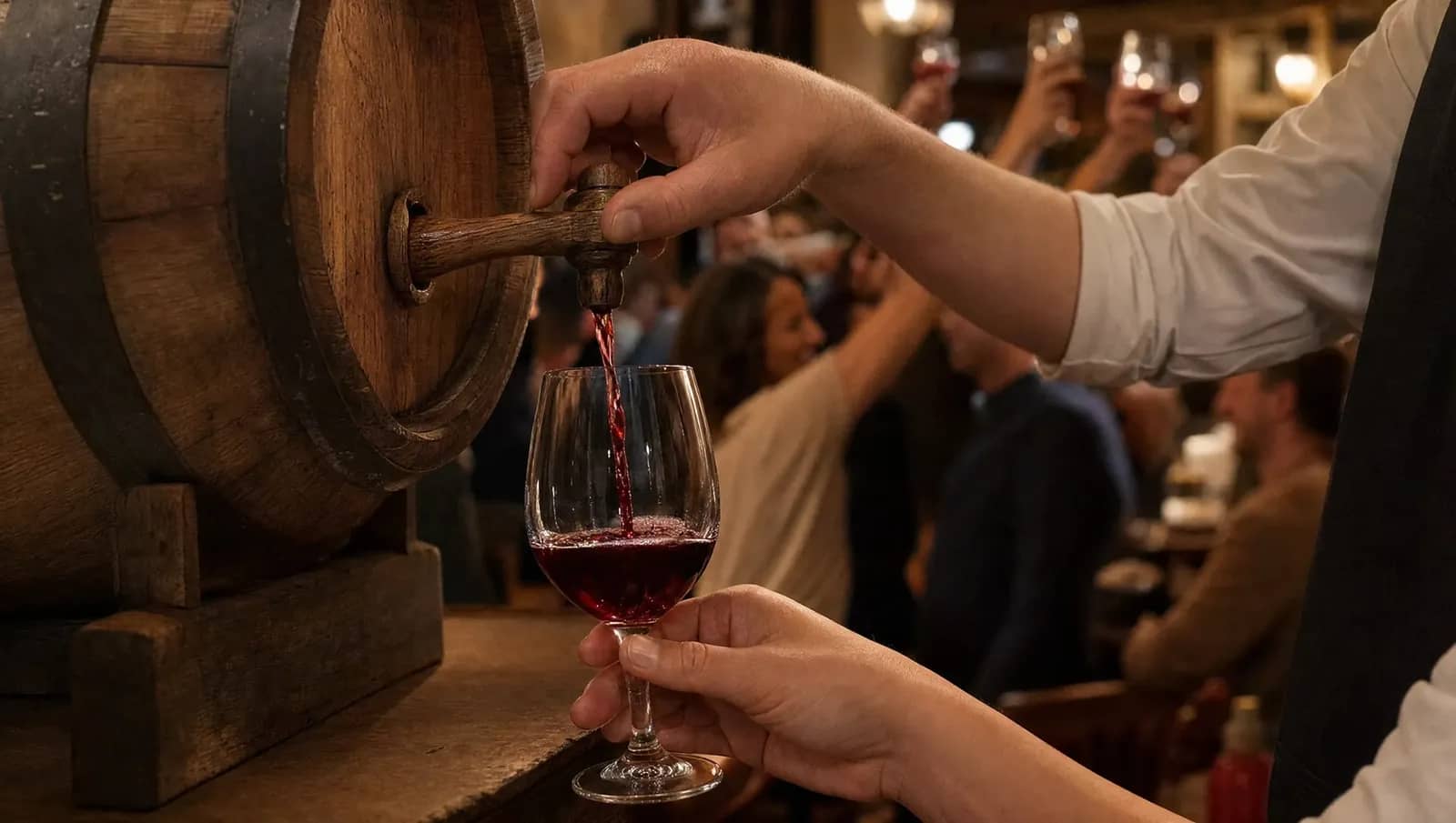 Mise en perce d'un tonneau de Beaujolais Nouveau dans un bistrot lyonnais, le vin coulant dans un verre