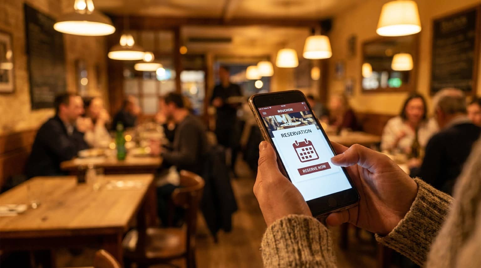 Réservation d'un restaurant de dernière minute sur smartphone dans un bouchon lyonnais