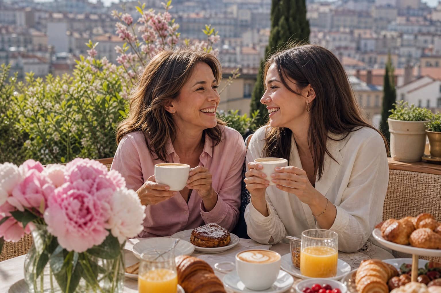 Une mère et sa fille adultes partagent un brunch en terrasse au soleil à Lyon pour la fête des mères