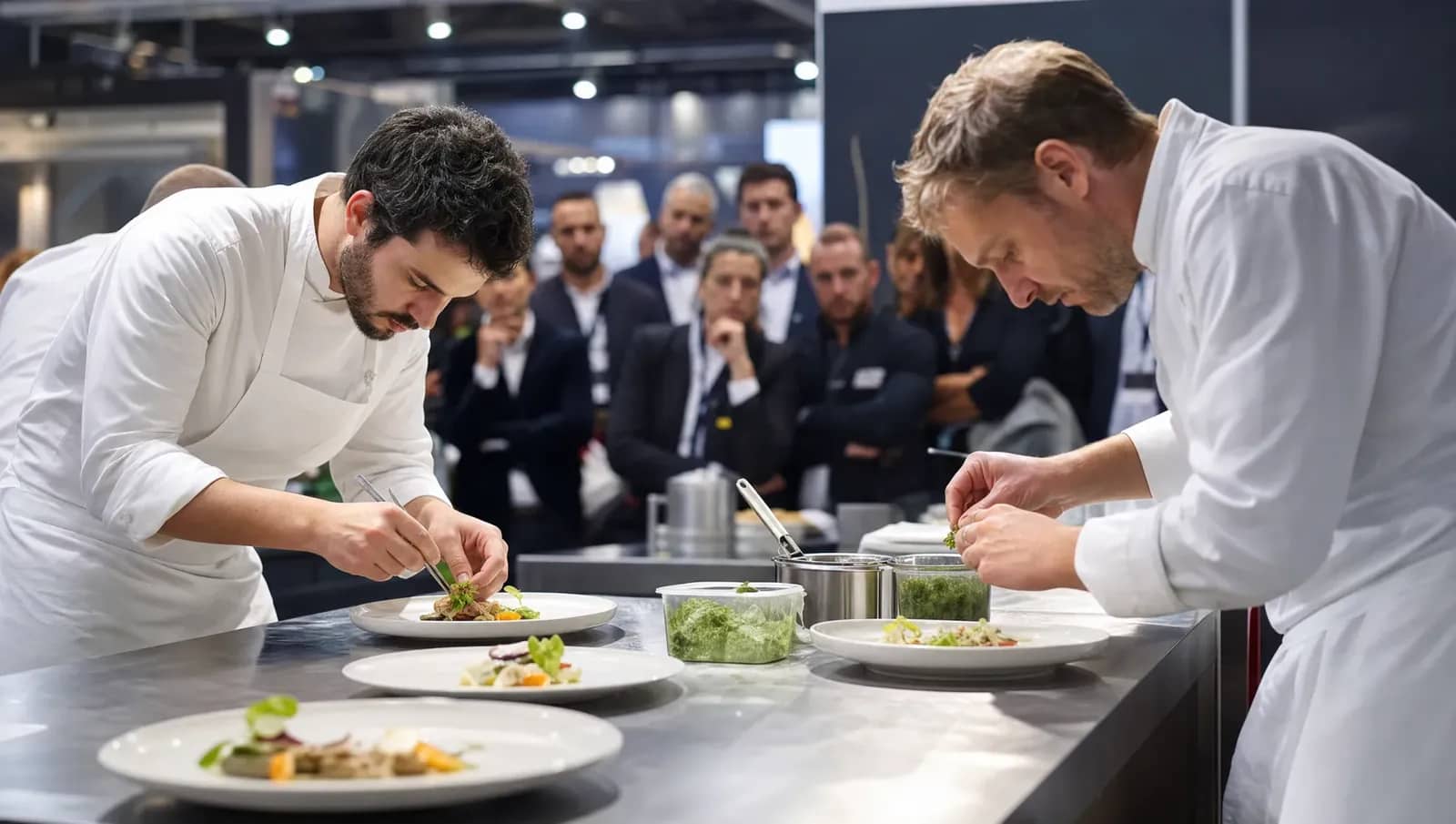Deux chefs dressent leurs assiettes lors d'un concours culinaire devant un public de professionnels au Sirha Lyon