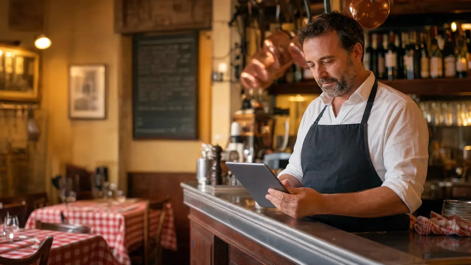 Restaurateur d'un bouchon lyonnais consultant ses réservations sur une tablette, à la recherche d'une alternative à TheFork.