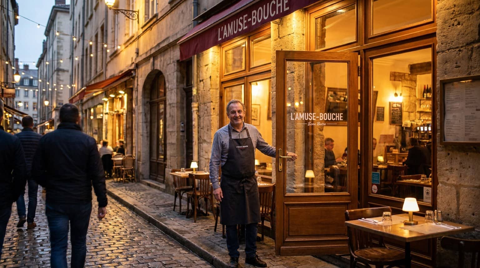 Un restaurateur accueille ses clients à la porte d'un bistrot lyonnais à la tombée de la nuit